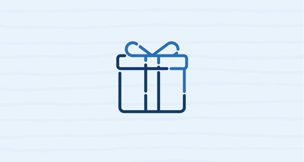 Simple blue line drawing of a gift box with a ribbon.