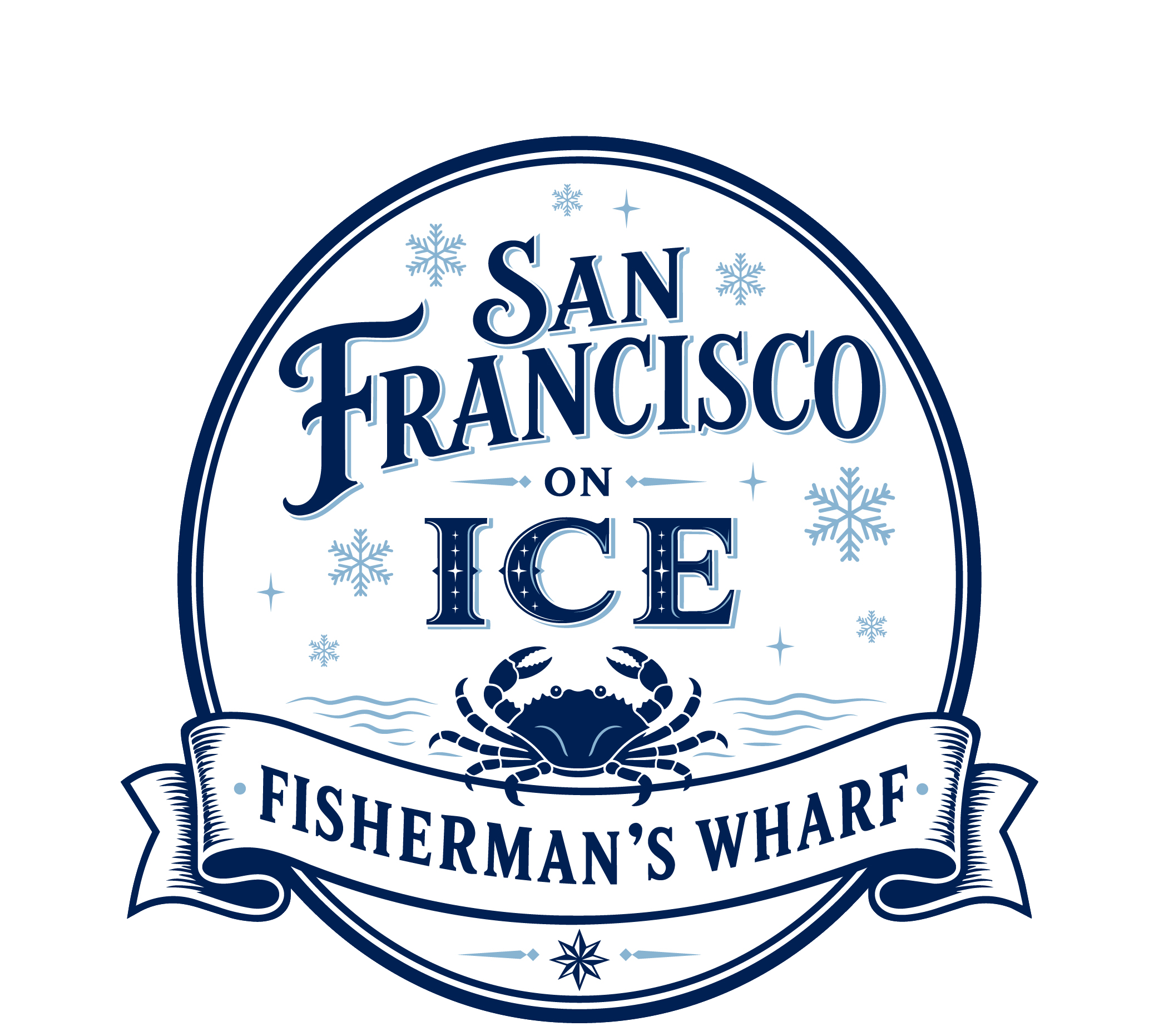 San Francisco on Ice logo with crab, snowflakes, and Fisherman's Wharf banner.
