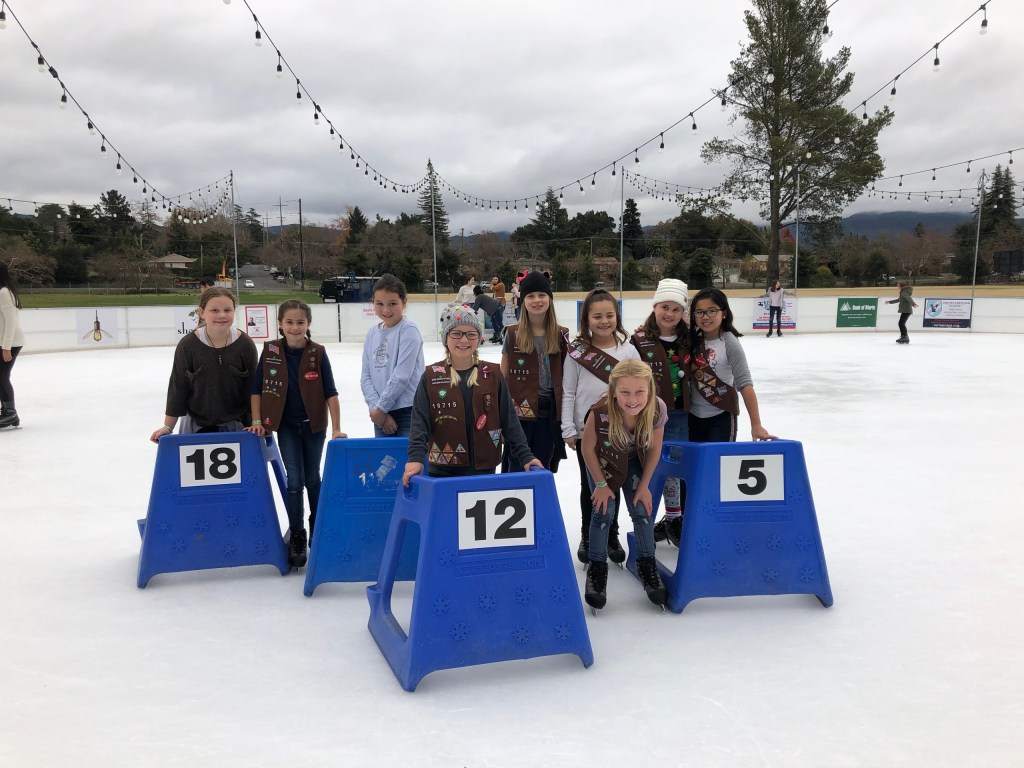 Group of girls on an ice rink standing by blue penguin aids numbered 18, 12, and 5.