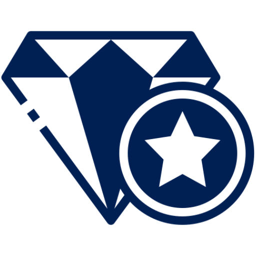 Blue icon of a diamond with a star in a circle next to it.